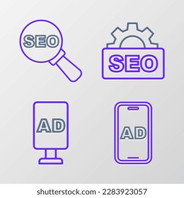 Set line Advertising, Target, SEO optimization and  icon. Vector