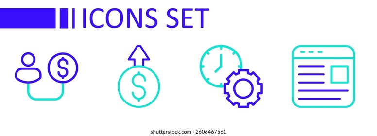 Set line Advertising, Time management, Financial growth dollar and Human and money icon. Vector