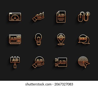 Fijar publicidad en línea, estadística de sitios web, Target, bombilla con concepto de idea, optimización de SEO e icono. Vector