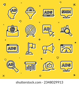 Set line Advertising, Website statistic, Magnifying glass and analysis, Target sport, Mail e-mail,  and  icon. Vector