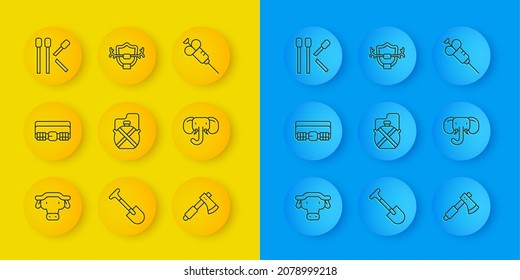 Set line African buffalo head, Hunting cartridge belt, Canteen water bottle, Wooden axe, Elephant, Matches, Syringe and Deer antlers on shield icon. Vector