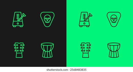 Set line African darbuka drum, Guitar neck, Metronome with pendulum and pick icon. Vector