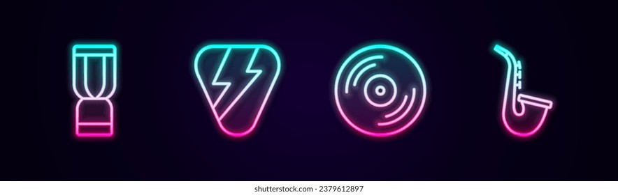 Set line African djembe drum, Guitar pick, Vinyl disk and Saxophone. Glowing neon icon. Vector