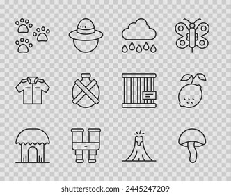 Set line African hut, Mushroom, Cloud with rain, Binoculars, Paw print, Canteen water bottle, Volcano eruption and Lemon icon. Vector