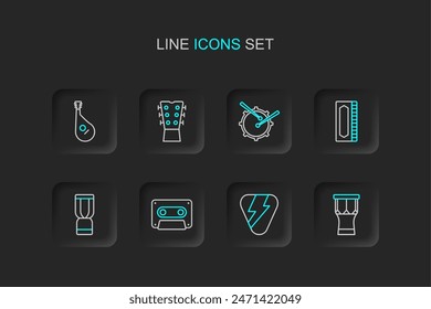 Set line African percussion drum, Guitar pick, Retro audio cassette tape, djembe, Harmonica, Drum with sticks, neck and Bandura icon. Vector