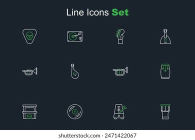 Set line African percussion drum, Metronome with pendulum, Vinyl disk, Piano, Conga drums, Trumpet, Bandura and  icon. Vector