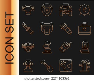 Línea árbol africano, linterna de camping, botiquín de primeros auxilios, coche fuera de carretera, mono, cuchillo de caza, cabeza de búfalo e icono de la linterna. Vector