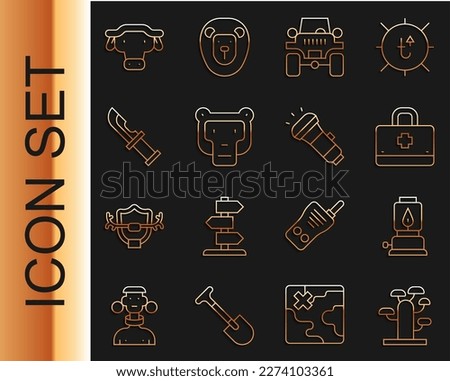 Set line African tree, Camping lantern, First aid kit, Off road car, Monkey, Hunter knife, buffalo head and Flashlight icon. Vector