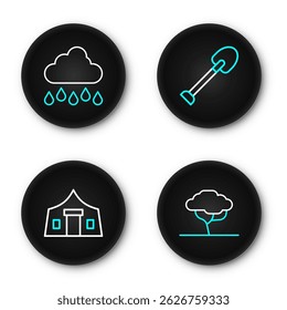 Set line African tree, Tourist tent, Shovel and Cloud with rain icon. Vector