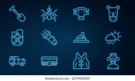Set line African tribe male, Cloud with rain, buffalo head, Flashlight, Canteen water bottle, Shovel, Hunter hat and Mosquito icon. Vector