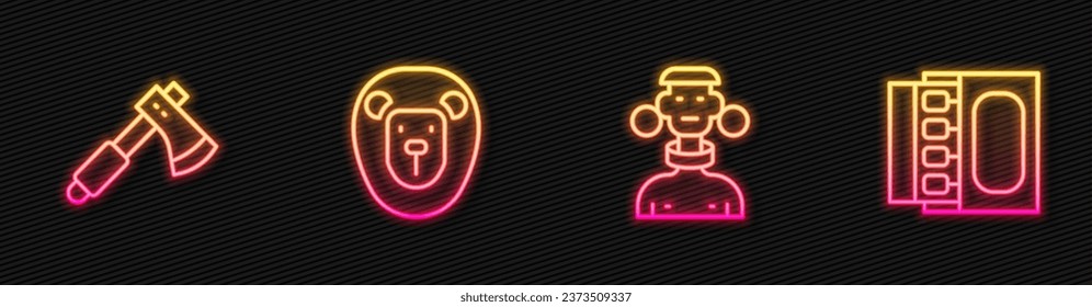 Set line African tribe male, Wooden axe, Wild lion and Matchbox and matches. Glowing neon icon. Vector