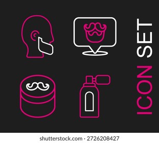 Set line Aftershave con atomizador, gel o cera para peinado, barbería y bigote y icono de barba. Vector