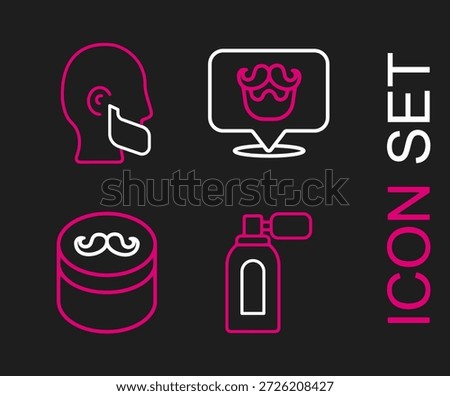 Set line Aftershave with atomizer, Gel or wax for hair styling, Barbershop and Mustache and beard icon. Vector