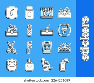 Set line Aftershave with atomizer, Human hair follicle, Broken, Barbershop building, Classic pole, Oil for care treatment,  and  icon. Vector