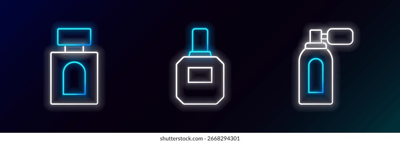 Establecer línea Aftershave con atomizador, e icono. Brillante neón. Vector