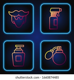 Set line Aftershave bottle with atomizer, Bottle of shampoo, Mustache and beard and Hairdresser pistol spray bottle. Gradient color icons. Vector