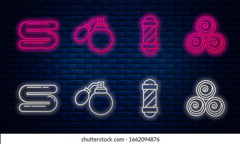 Set line Aftershave bottle with atomizer, Classic Barber shop pole, Towel and Towel rolls. Glowing neon icon on brick wall. Vector