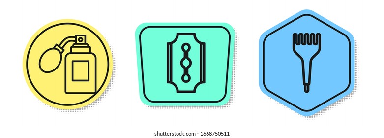 Set line Aftershave bottle with atomizer, Blade razor and Hairbrush. Colored shapes. Vector