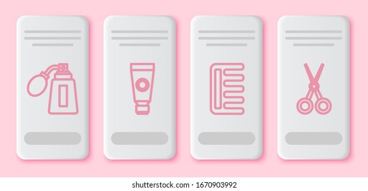 Set line Aftershave bottle with atomizer, Cream or lotion cosmetic tube, Hairbrush and Scissors hairdresser. White rectangle button. Vector