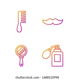 Fije la línea Aftershave botella con atomizador, espejo de mano, cepillo de pelo y Mustache. Iconos de color degradado. Vector