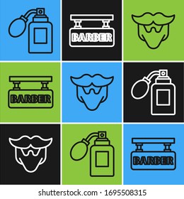 Set line Aftershave bottle with atomizer, Mustache and beard and Barbershop icon. Vector