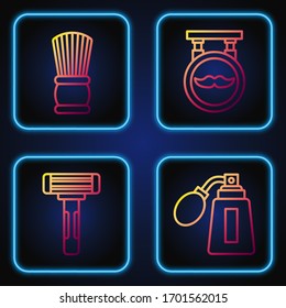 Set line Aftershave bottle with atomizer, Shaving razor, Shaving brush and Barbershop. Gradient color icons. Vector