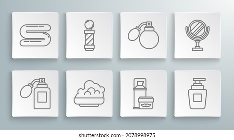 Set line Aftershave bottle with atomizer, Classic Barber shop pole, Shaving gel foam, Bottle of shampoo, Round makeup mirror and Towel icon. Vector