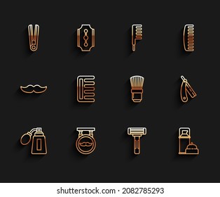 Set line Aftershave bottle with atomizer, Barbershop, Curling iron for hair, Shaving razor, gel foam, Hairbrush, Straight and  icon. Vector
