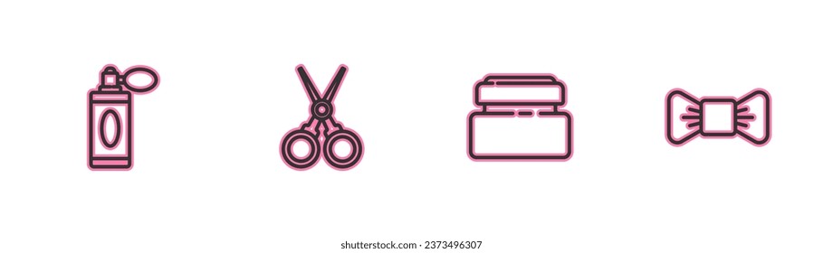 Set Linie Aftershave Flasche mit Zerstäuber, Creme oder Lotion Kosmetikschlauch, Scheren Friseur und Bow Krawatte Symbol. Vektorgrafik