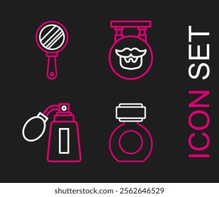 Set line Aftershave, bottle with atomizer, Barbershop and Hand mirror icon. Vector