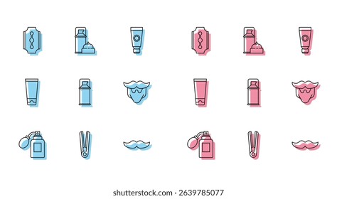 Set line Aftershave bottle with atomizer, Curling iron for hair, Blade razor, Mustache, Shaving gel foam, and beard, Cream lotion cosmetic tube and  icon. Vector