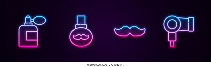 Set line Botella para después del afeitado con atomizador, aceite para el cuidado de barbas y bigotes, bigote y secador de pelo. Icono de neón brillante. Vector