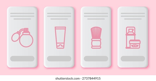 Set line Aftershave bottle with atomizer, Cream or lotion cosmetic tube, Shaving brush and Shaving gel foam. White rectangle button. Vector