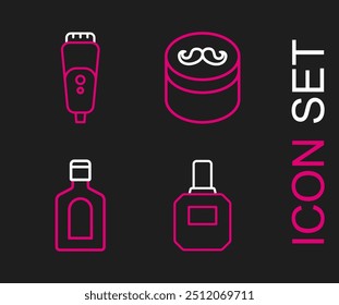 Set line Aftershave, Bottle of shampoo, Gel or wax for hair styling and Electric razor blade icon. Vector