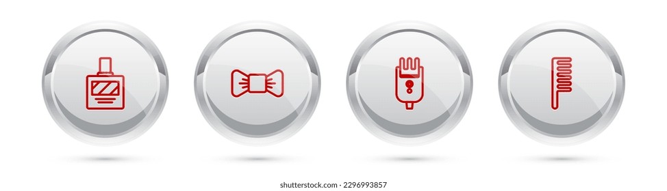 Set line Aftershave, Bow tie, Electrical hair clipper or shaver and Hairbrush. Silver circle button. Vector