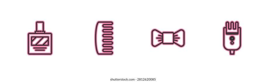 Set line Aftershave, Bow tie, Hairbrush and Electrical hair clipper or shaver icon. Vector