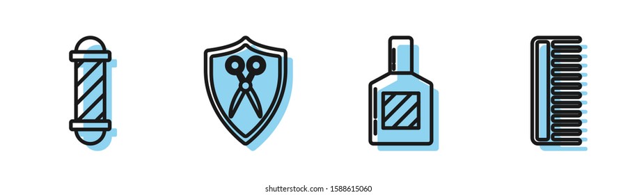 Set line Aftershave, Classic Barber shop pole, Scissors hairdresser and shield and Hairbrush icon. Vector