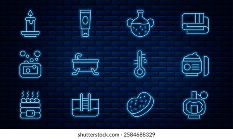 Set line Aftershave, Cream or lotion cosmetic tube, Essential oil bottle, Bathtub, Bar of soap, Aroma candle, Sauna thermometer and  icon. Vector