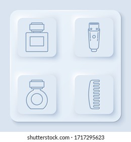 Set line Aftershave, Electrical hair clipper or shaver, Aftershave and Hairbrush. White square button. Vector