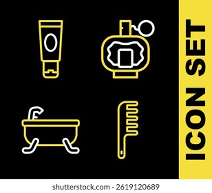Set line Aftershave, Hairbrush, Bathtub and Cream or lotion cosmetic tube icon. Vector