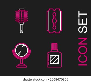 Set line Aftershave, Hand mirror, Blade razor and Hairbrush icon. Vector