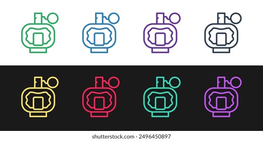 Establecer línea icono de afeitado aislado en fondo blanco y negro. Icono del aerosol de Colonia. Botella de perfume masculino.  Vector