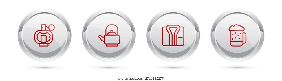 Set line Aftershave, Hervidor de agua con mango, Albornoz y Taza de cerveza de madera. Botón de círculo plateado. Vector