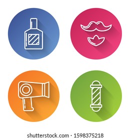 Set line Aftershave, Mustache and beard, Hair dryer and Classic Barber shop pole. Color circle button. Vector