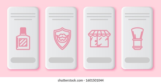 Set line Aftershave, Mustache and beard on shield, Barbershop building and Shaving brush. White rectangle button. Vector