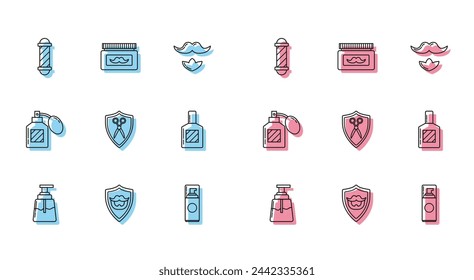 Set line Aftershave, Mustache and beard on shield, Classic Barber shop pole, Shaving gel foam, Scissors hairdresser,  and Cream lotion cosmetic jar icon. Vector