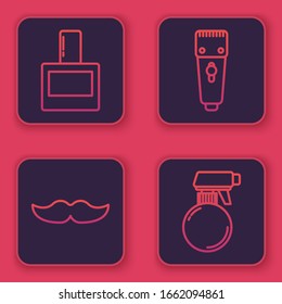 Set line Aftershave, Mustache, Electrical hair clipper or shaver and Hairdresser pistol spray bottle. Blue square button. Vector