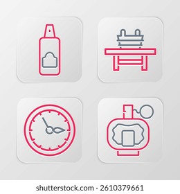 Set line Aftershave, Sauna clock, bench with bucket and Spray can for hairspray icon. Vector