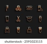 Set line Aftershave, Shaving brush, Hairbrush, Electric razor blade for men, Scissors hairdresser, Electrical clipper shaver and Mustache and beard icon. Vector