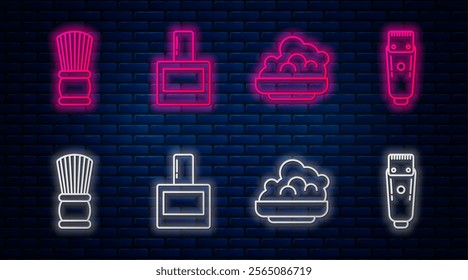 Set line Aftershave, Shaving gel foam, Shaving brush and Electrical hair clipper or shaver. Glowing neon icon on brick wall. Vector